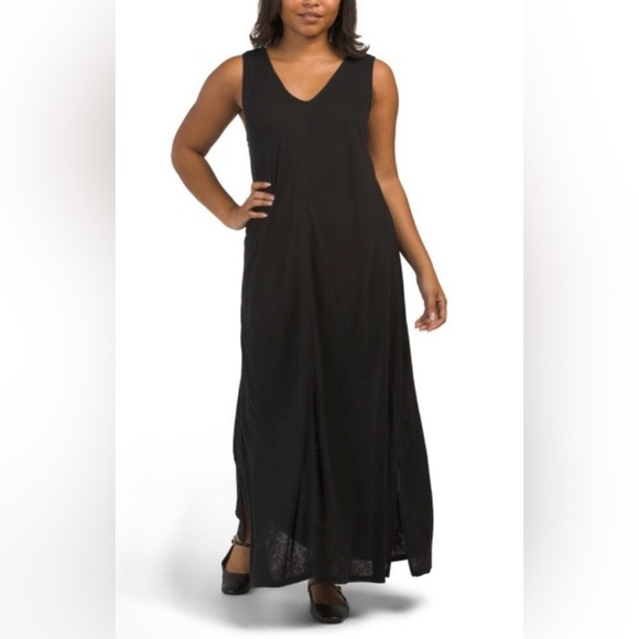 C&C CALIFORNIA Black Beauty Linen Blend Curved Yoke Maxi Dress Sz Small - Picture 5 of 5